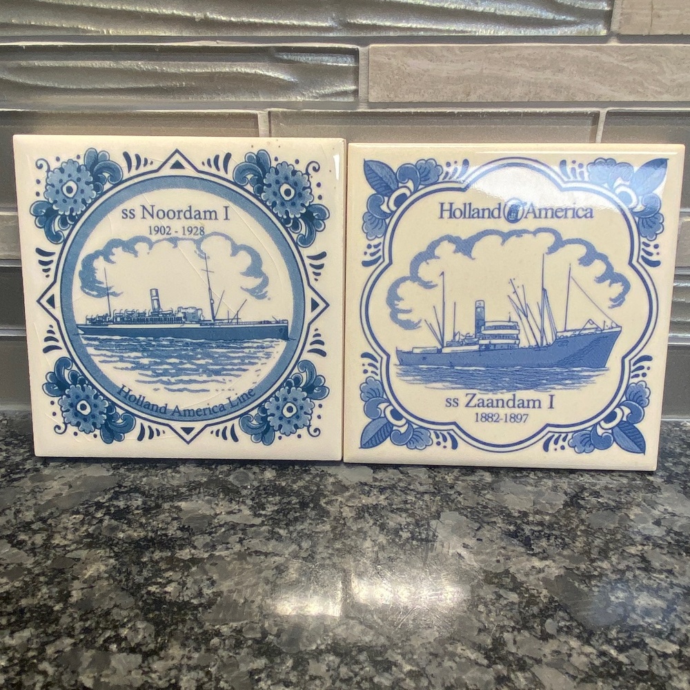2 Pc HOLLAND AMERICA Porcelain Drink Coasters ss Noordam I, ss Zaandam I